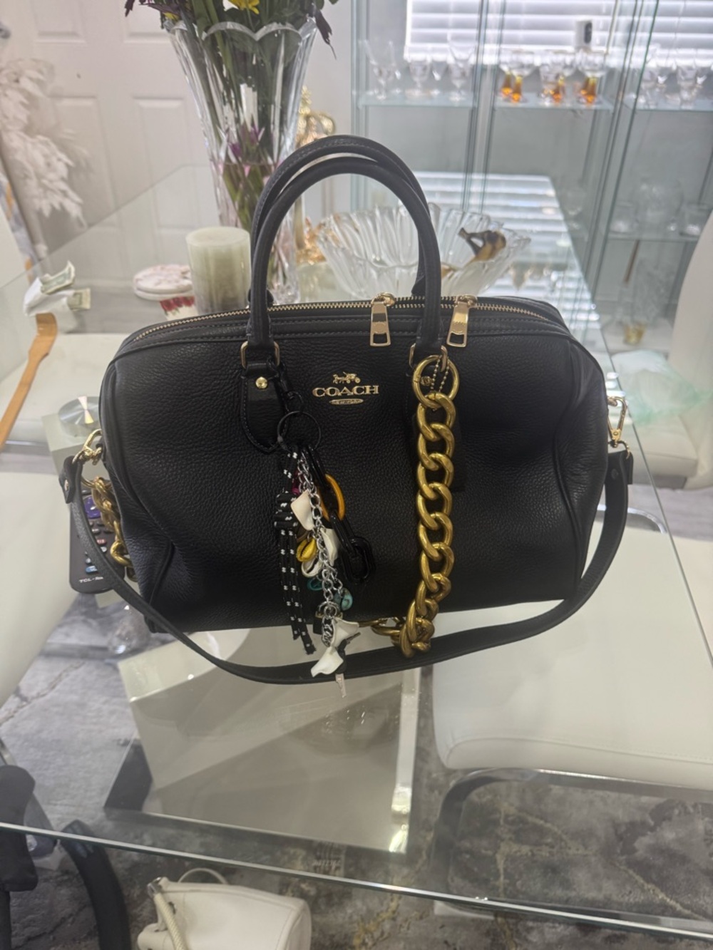 Coach Black Leather Satchel with Gold Chain and Charm Tassel